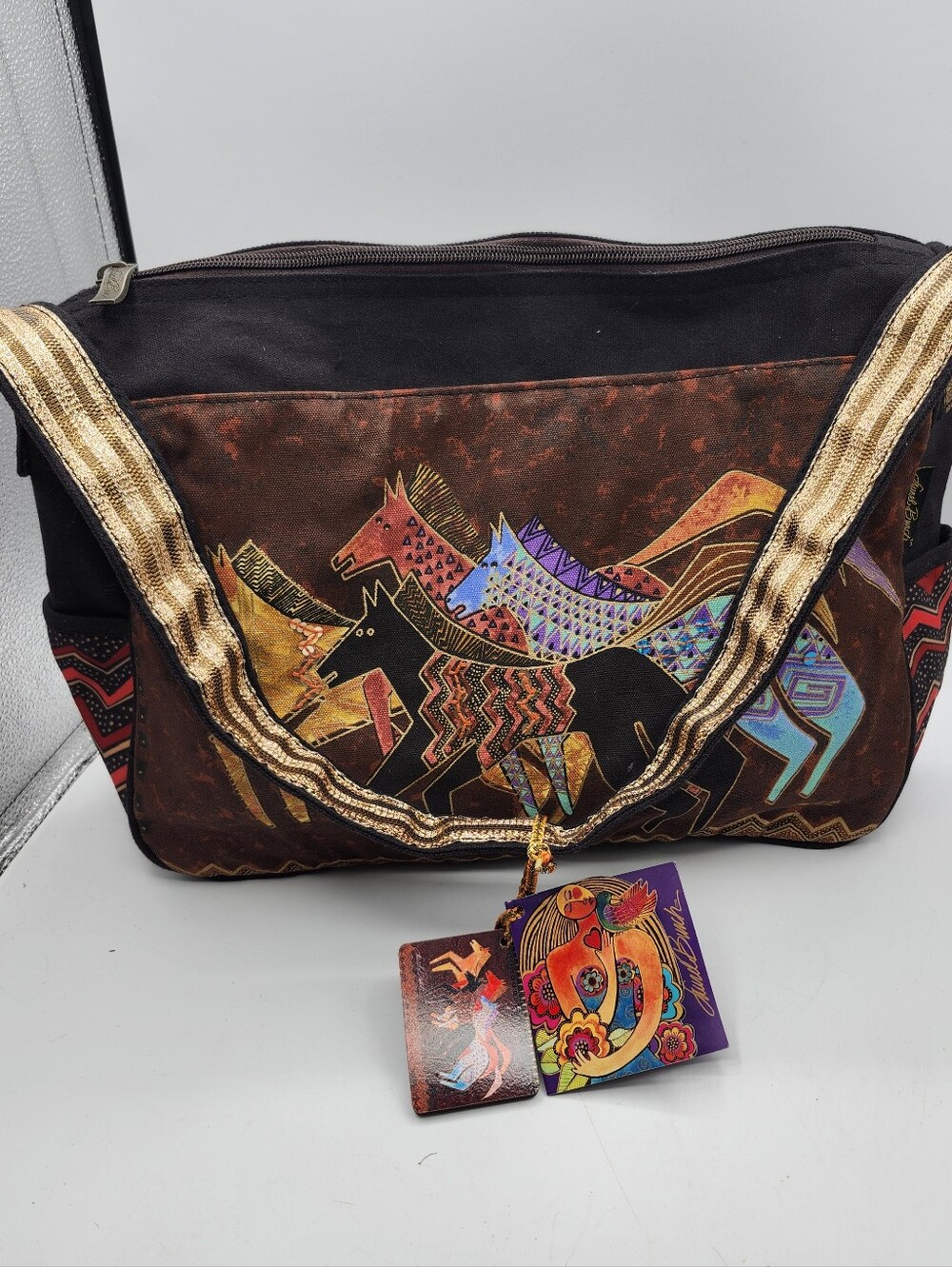 Laurel Burch Wild Horses Black Canvas Zip Pouch with Gold Strap NWT